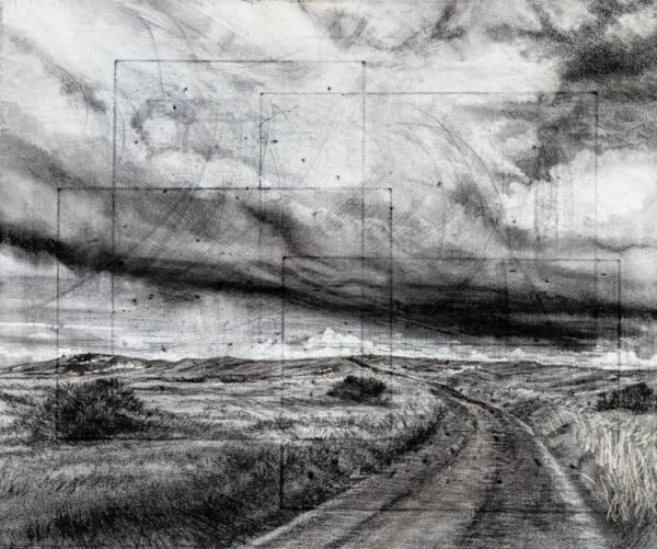 Michael Wann, "Coudburst on the Black Hill", Charcoal and wash on Canvas, 50 x 60 x 1.75cm (unframed), 2017