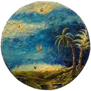 Peter Burns, “Falling Angels”, Oil on wood (tondo), 36 cm round