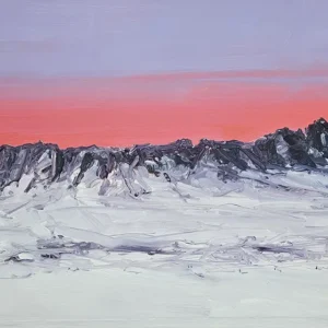 Kaye Maahs Sunset at Eldborg Scoria Crater Oil on Paper 52 x 91 cm