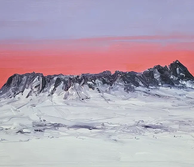 Kaye Maahs Sunset at Eldborg Scoria Crater Oil on Paper 52 x 91 cm